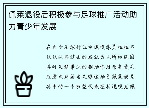 佩莱退役后积极参与足球推广活动助力青少年发展
